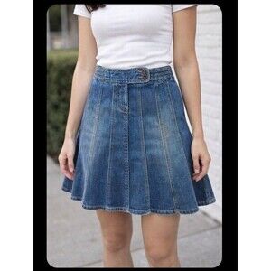 Zooc Vintage Style Flared Denim Skirt High Rise A-Line Blue Double Button 4 Y2K